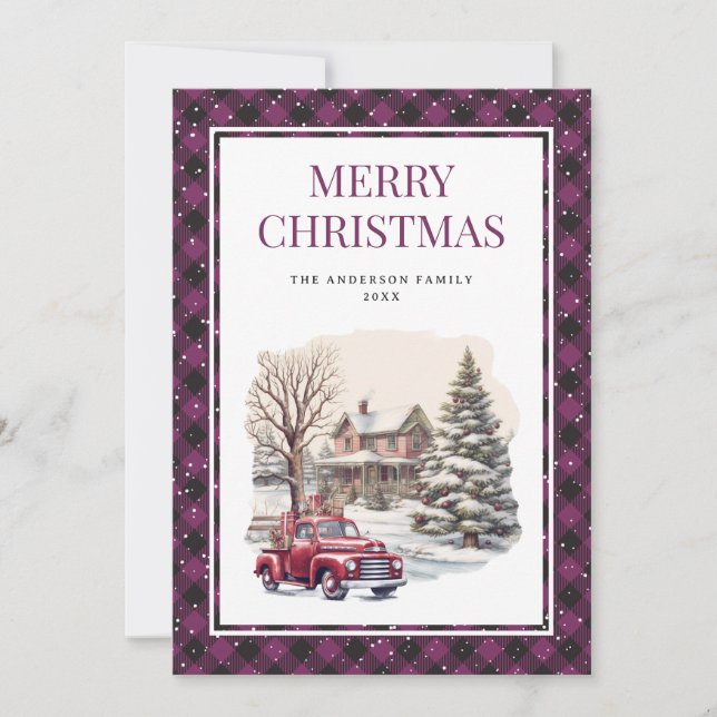 Cartes Pour Fêtes Annuelles Camion rouge violet Buffalo jeté Joyeux Noël (Devant)