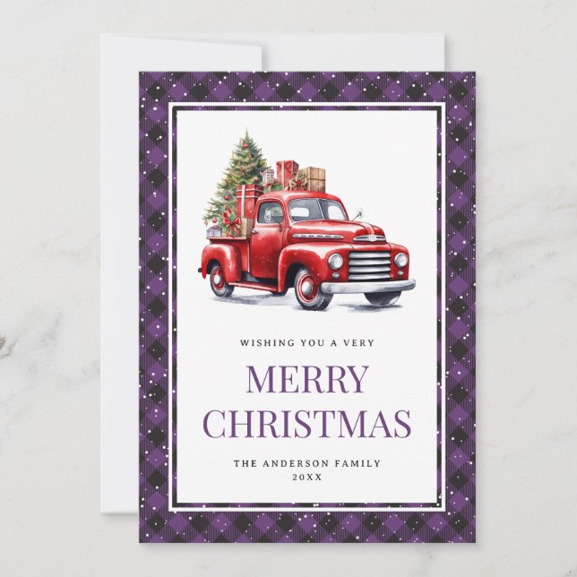 Cartes Pour Fêtes Annuelles Camion rouge violet Buffalo jeté Noël (Devant)