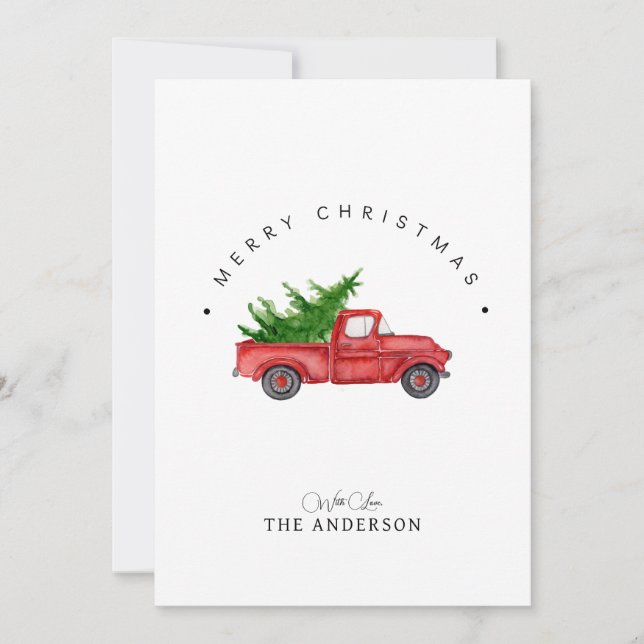 Cartes Pour Fêtes Annuelles Camion Russe Rouge Aquarelle Avec Arbre De Noël (Devant)