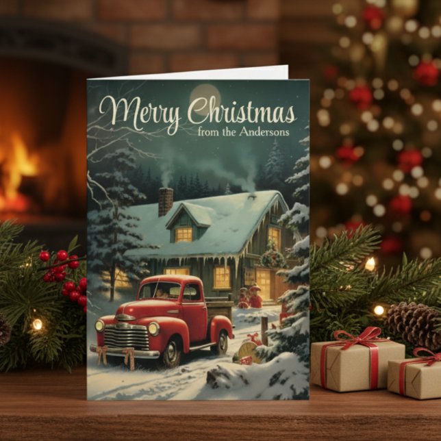 Cartes Pour Fêtes Annuelles Camionnette Rouge de Noël Rustique et Maison Perso (Rustic Christmas Red Truck And Home Custom Holiday Card)