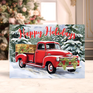 Cartes Pour Fêtes Annuelles Camionnette Rouge Vintage dans une Forêt enneigée 