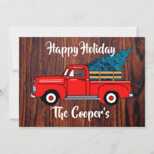 Cartes Pour Fêtes Annuelles Camionnette rouge vintage, motif en bois rustique 
