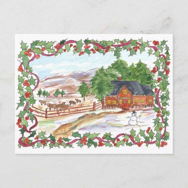 Cartes Pour Fêtes Annuelles Campagne Ranch House Vaches Joyeux Noël (Devant)