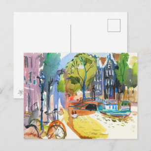 Cartes Pour Fêtes Annuelles Canal Amsterdam avec Vélos - Aquarelle Art
