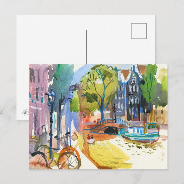 Cartes Pour Fêtes Annuelles Canal Amsterdam avec Vélos - Aquarelle Art (Devant / Derrière)