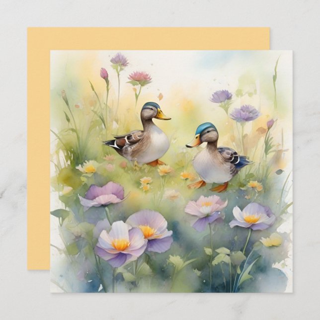 Cartes Pour Fêtes Annuelles Canard à l'aquarelle mignon et fleurs sauvages vie (Devant / Derrière)