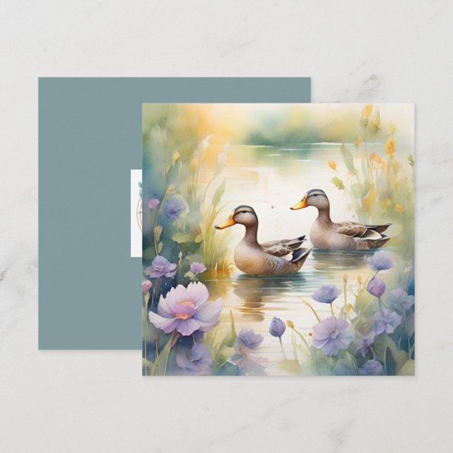 Cartes Pour Fêtes Annuelles Canard à l'aquarelle mignon et fleurs sauvages vie (Devant / Derrière)