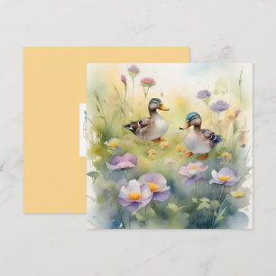 Cartes Pour Fêtes Annuelles Canard aquarelle mignon et fleurs sauvages blanc 