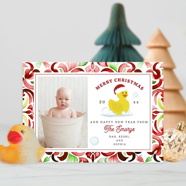 Cartes Pour Fêtes Annuelles Canard en caoutchouc Père Noël aquarelle Noël Phot (Créateur téléchargé)