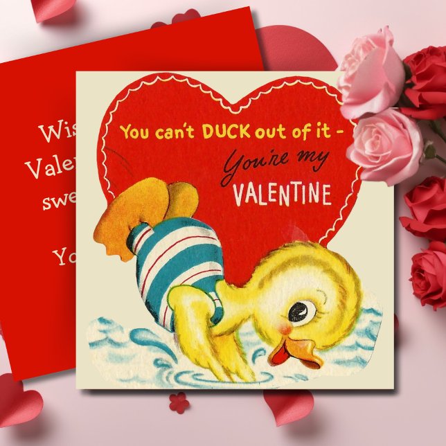 Cartes Pour Fêtes Annuelles Canard Rétro Personnalisé pour la Saint-Valentin M (Cute Vintage Duck Custom Retro Valentine's Day Holiday Card. Add your name & a special message!)