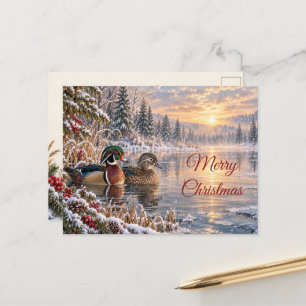 Cartes Pour Fêtes Annuelles Canards de Noël en bois sur un étang enneigé