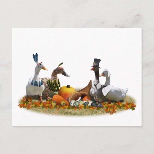 Cartes Pour Fêtes Annuelles Canards de Thanksgiving - Pèlerins et Indiens (Devant)