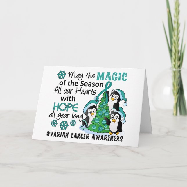 Cartes Pour Fêtes Annuelles Cancer ovarien de pingouins de Noël (Devant)