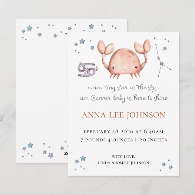 Cartes Pour Fêtes Annuelles Cancer Zodiac Birth Announcement (Devant / Derrière)