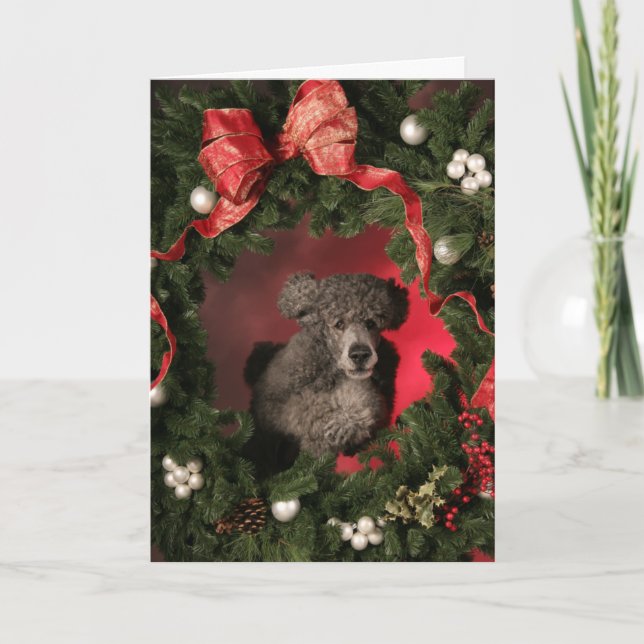Cartes Pour Fêtes Annuelles Caniche bleu sautant par une guirlande de Noël (Devant)