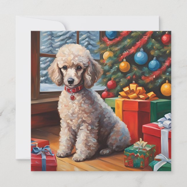 Cartes Pour Fêtes Annuelles Caniche de Noël avec arbre de Noël, Cadeaux (Devant)