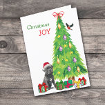 Cartes Pour Fêtes Annuelles Canne Corso Chien, Oiseau et Arbre de Noël<br><div class="desc">Sur le devant de cette carte de Noël, un chien noir de Cane Corso porte un casquette de Père Noël rouge et blanc alors qu'il est assis à côté d'un arbre de Noël. Des emballages de cadeaux aux couleurs vives sont éparpillés, et un bullfinch débarque sur le sapin de Noël....</div>