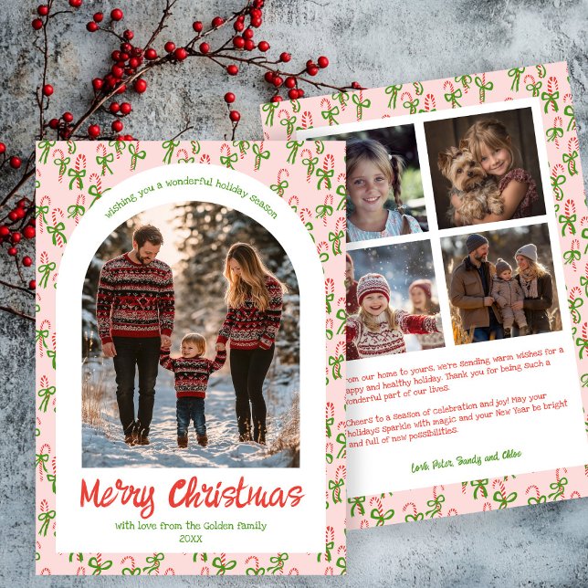 Cartes Pour Fêtes Annuelles Canycanes rose rouge Noël Custom Arch 5 Photo (Candy canes Pink Red Cute Christmas Custom Arch 5 Photo  Family Collage Holiday Card
)