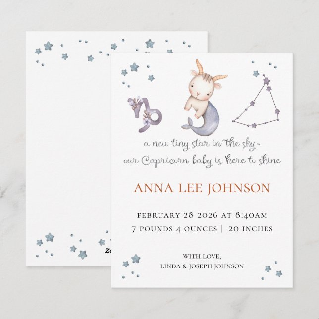 Cartes Pour Fêtes Annuelles Capricorn Zodiac Birth Announcement (Devant / Derrière)