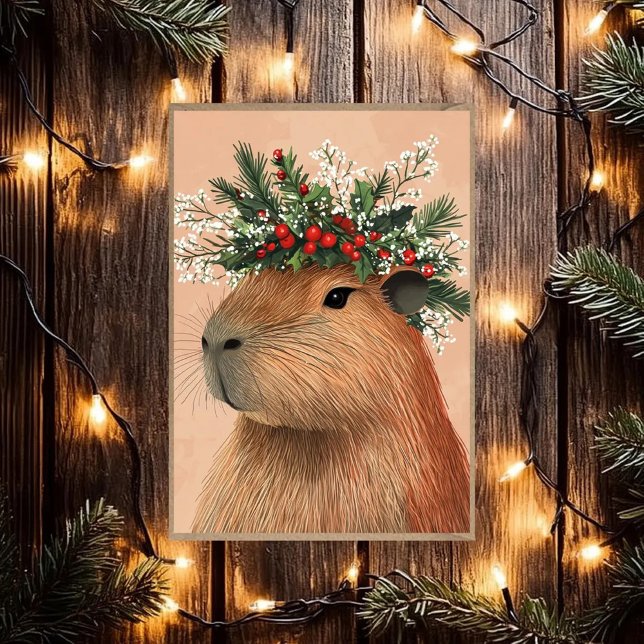 Cartes Pour Fêtes Annuelles Capybara Christmas Holly Baby Respiration Fleur Co (Créateur téléchargé)