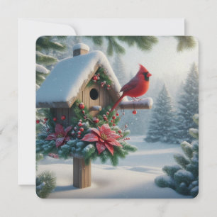 Cartes Pour Fêtes Annuelles Cardinal hivernal sur une cabane à oiseaux festive