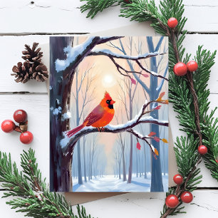 Cartes Pour Fêtes Annuelles Cardinal rouge Aquarelle de Noël forêt d'hiver