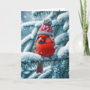 Cartes Pour Fêtes Annuelles Cardinal rouge de Noël portant un chapeau d'hiver