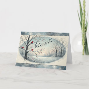 Cartes Pour Fêtes Annuelles Cardinal Rouge Oiseaux Bois enneigés Notes de musi