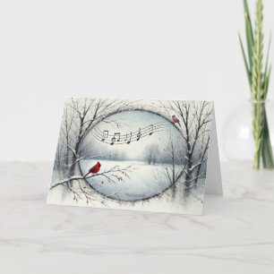 Cartes Pour Fêtes Annuelles Cardinal Rouge Oiseaux Bois enneigés Notes de musi
