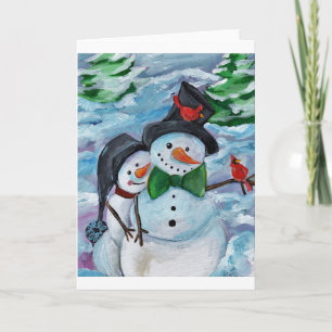 Cartes Pour Fêtes Annuelles Cardinal visitant Snowmen