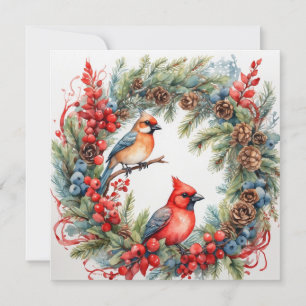 Cartes Pour Fêtes Annuelles Cardinaux de Noël, Berries, Pinecones Wreath