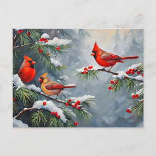 Cartes Pour Fêtes Annuelles Cardinaux rouges avec des baies de forêt sauvage