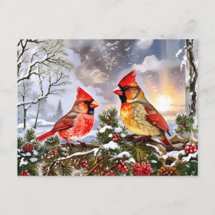 Cartes Pour Fêtes Annuelles Cardinaux rouges avec des baies sauvages Paysage h