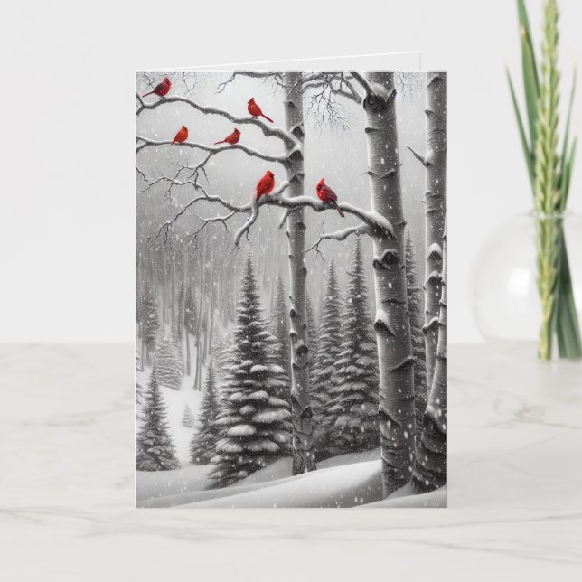 Cartes Pour Fêtes Annuelles Cardinaux rouges de Noël en forêt d'hiver (Devant)