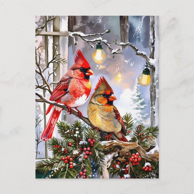 Cartes Pour Fêtes Annuelles Cardinaux rouges et baies sauvages Nature hivernal (Devant)