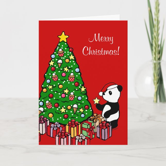 Cartes Pour Fêtes Annuelles Caricature de l'arbre de Noël et du panda (Devant)