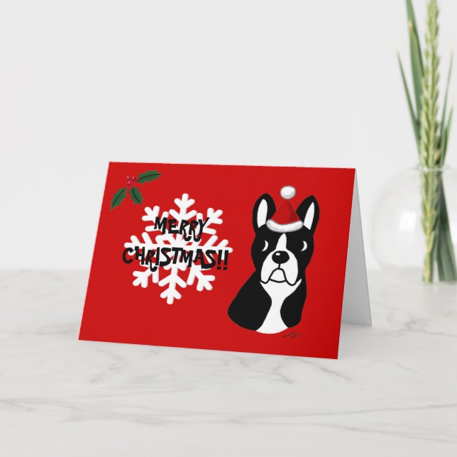 Cartes Pour Fêtes Annuelles Caricature de Noël de Boston Terrier Flocon de nei (Devant)