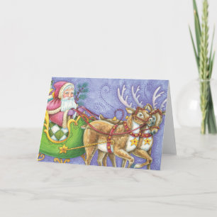 Cartes Pour Fêtes Annuelles Caricature de Noël Santa Claus Sleigh Reindeer