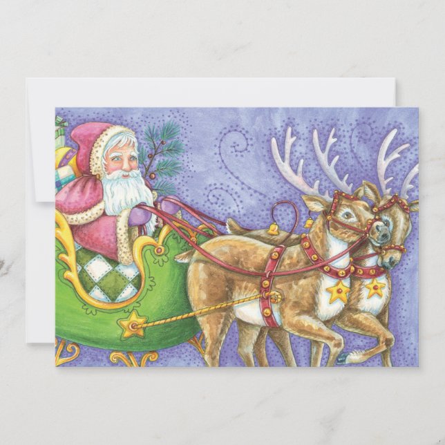 Cartes Pour Fêtes Annuelles Caricature de Noël Santa Claus Sleigh Reindeer (Devant)