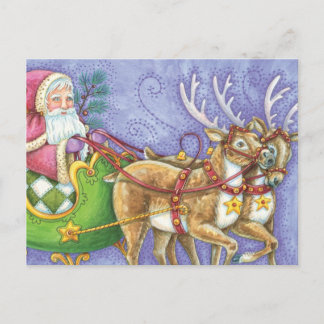 Cartes Pour Fêtes Annuelles Caricature de Noël Santa Claus Sleigh Reindeer