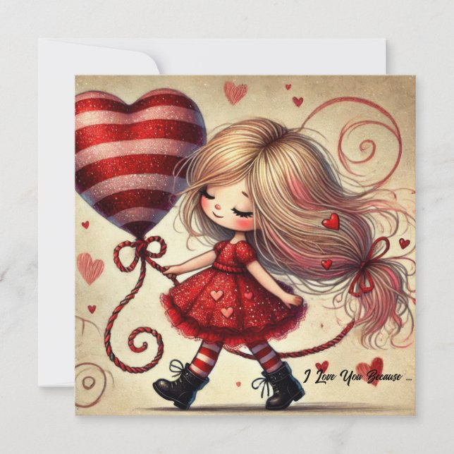 Cartes Pour Fêtes Annuelles Caricature en aquarelle Valentine fille avec ballo (Devant)