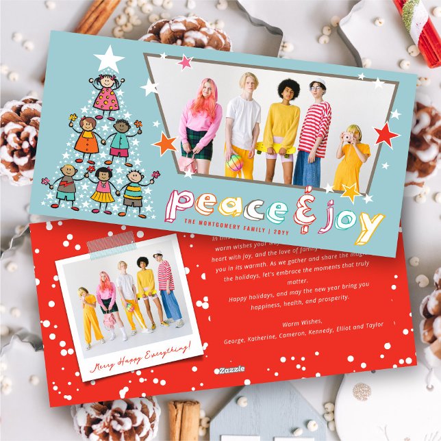 Cartes Pour Fêtes Annuelles Caricature Peace & Joy Arbre de Noël Photo amusant (Peace & Joy Colorful Cartoon Christmas Tree Kids Fun Photo Holiday Card @ fat_fa_tin)