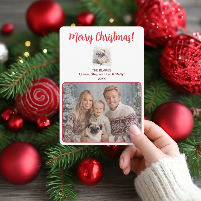 Cartes Pour Fêtes Annuelles Carlin aquarelle illustration Joyeux Noël Famille (Watercolor Pug Illustration Merry Christmas Family Holiday Card)