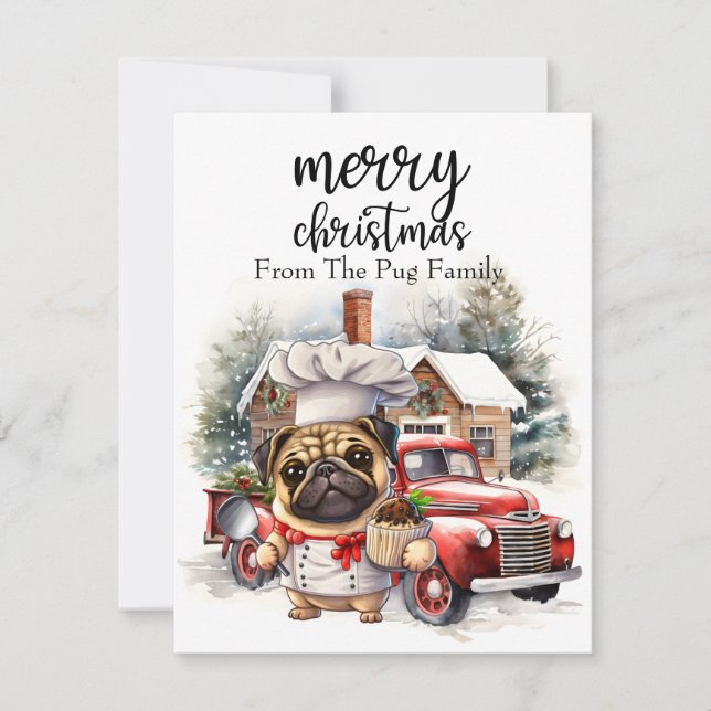 Cartes Pour Fêtes Annuelles CARLIN chien Joyeux Noël sur marbre rouge or (Devant)