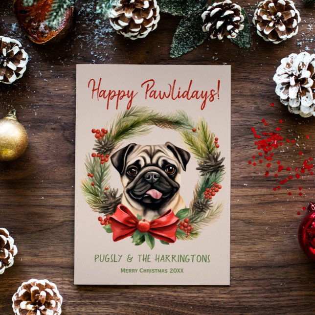 Cartes Pour Fêtes Annuelles Carlin Chien Noël Joyeux Pawlidays Howlidays (Créateur téléchargé)