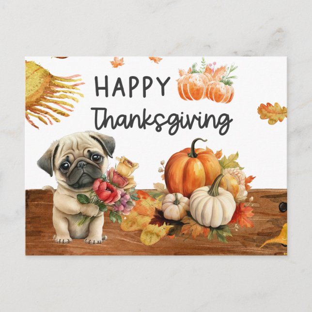 Cartes Pour Fêtes Annuelles CARLIN Chiens Bon thanksgiving Jour aquarelle (Devant)