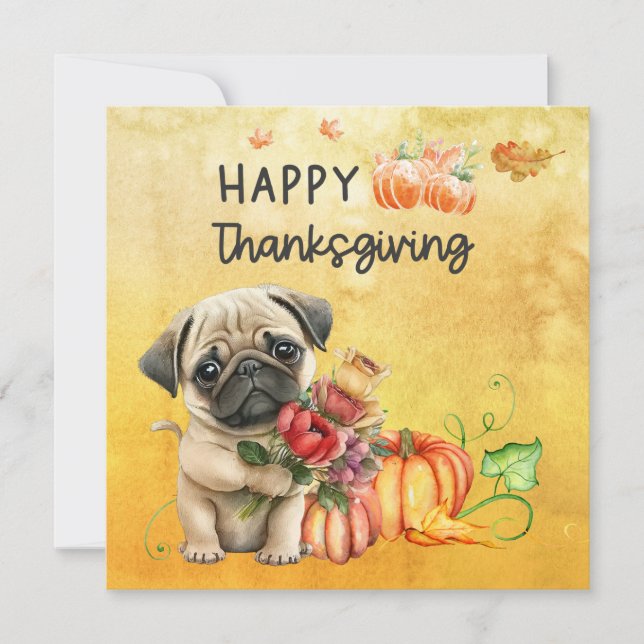 Cartes Pour Fêtes Annuelles CARLIN Chiens Bon thanksgiving Jour aquarelle (Devant)