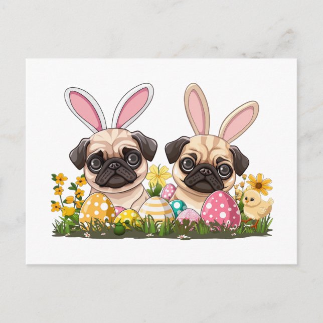 Cartes Pour Fêtes Annuelles Carlin de Pâques Chiens Lapin Oreilles (Devant)