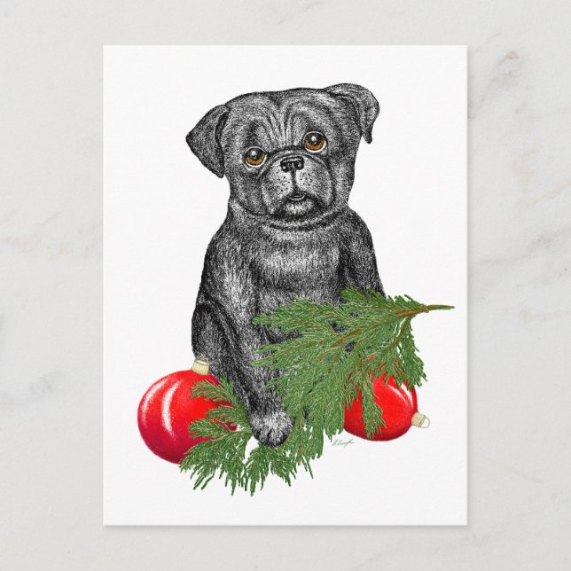 Cartes Pour Fêtes Annuelles Carlin noir Chiot adorable Art de Noël (Devant)