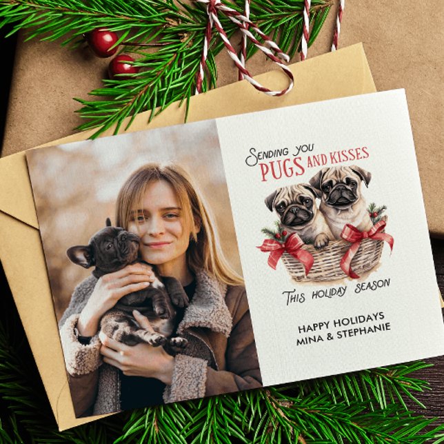 CARTES POUR FÊTES ANNUELLES CARLINS ET KISESS CHIEN THÈME NOËL PHOTO (🎄🐾 "Pugs and Kisses, Wishing You a Pawsome Christmas!" 🐾🎄)